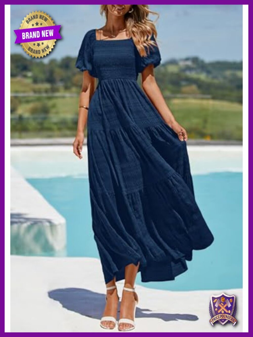 Puff Short Sleeve Maxi Dress Square Neck Smocked Tiered Ruffle A Line Long - Picture 4 of 6